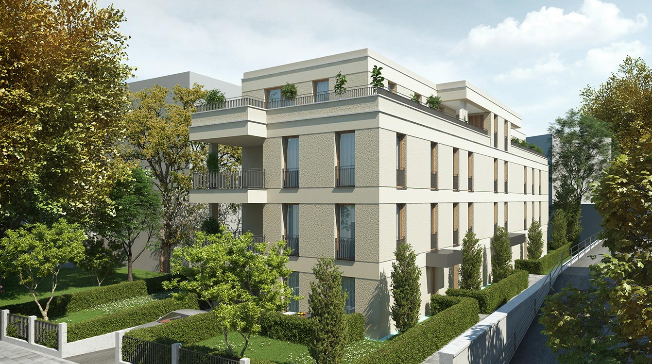 Moderne Wohnanlage mit heller Fassade, großen Fenstern und Balkonen, umgeben von Grünflächen und Bäumen.