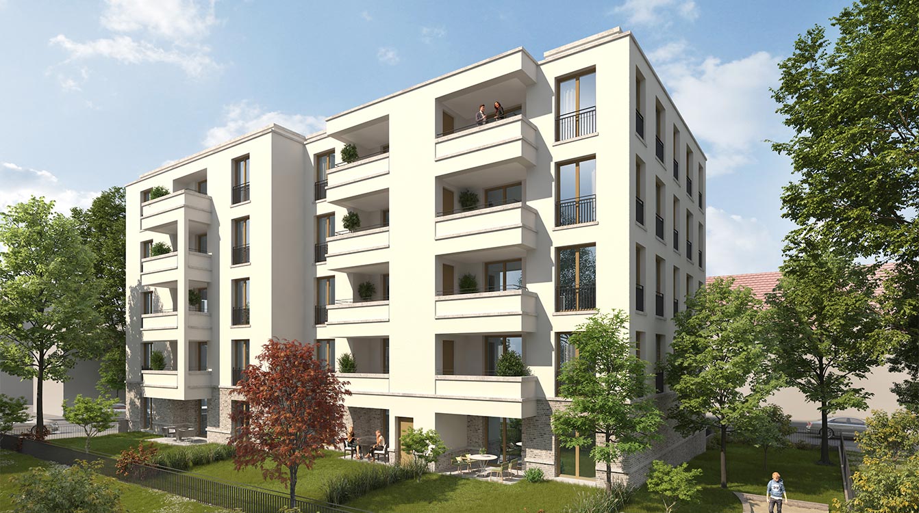 Moderne Wohnimmobilie mit heller, strukturierter Fassade, bodentiefen Fenstern und Balkonen, eingebettet in eine grüne Umgebung mit Hecken und Bäumen.