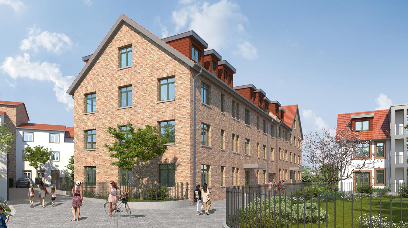 Historisches Hofgut mit modernisierten Wohngebäuden, umgeben von weitläufigen Grünflächen und einer harmonischen Verbindung von Tradition und zeitgemäßer Architektur.