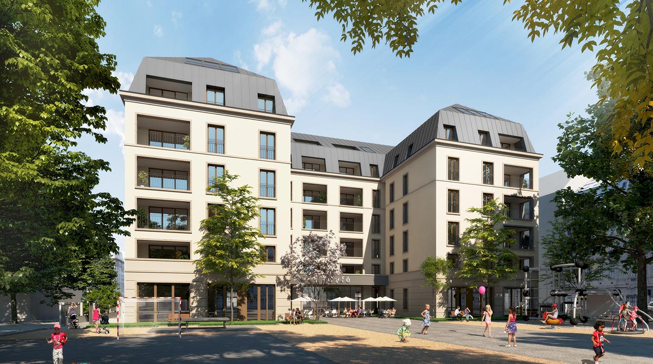 Moderne Wohnanlage mit heller, strukturierter Fassade, großen Fenstern und Balkonen, umgeben von gepflegten Grünflächen und urbaner Bebauung.