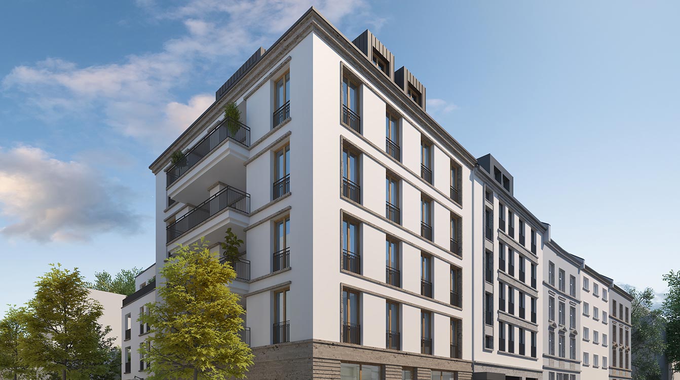 Zeitgemäße Wohnimmobilie mit heller Fassade, bodentiefen Fenstern und Balkonen, umgeben von Bäumen und gepflegten Grünflächen in urbaner Lage.