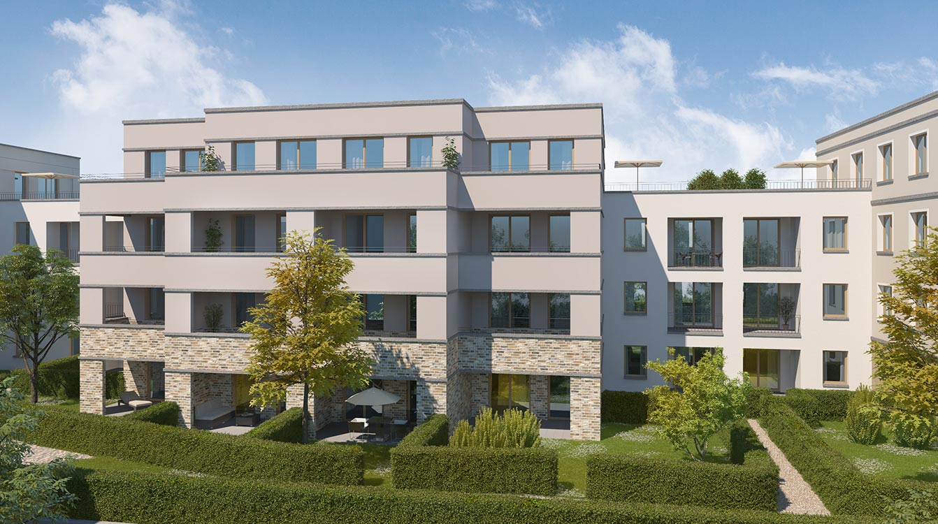 Moderne Wohnanlage mit heller Fassade, großen Fenstern und Balkonen, umgeben von Grünflächen und Bäumen, in einer urbanen Umgebung gelegen.